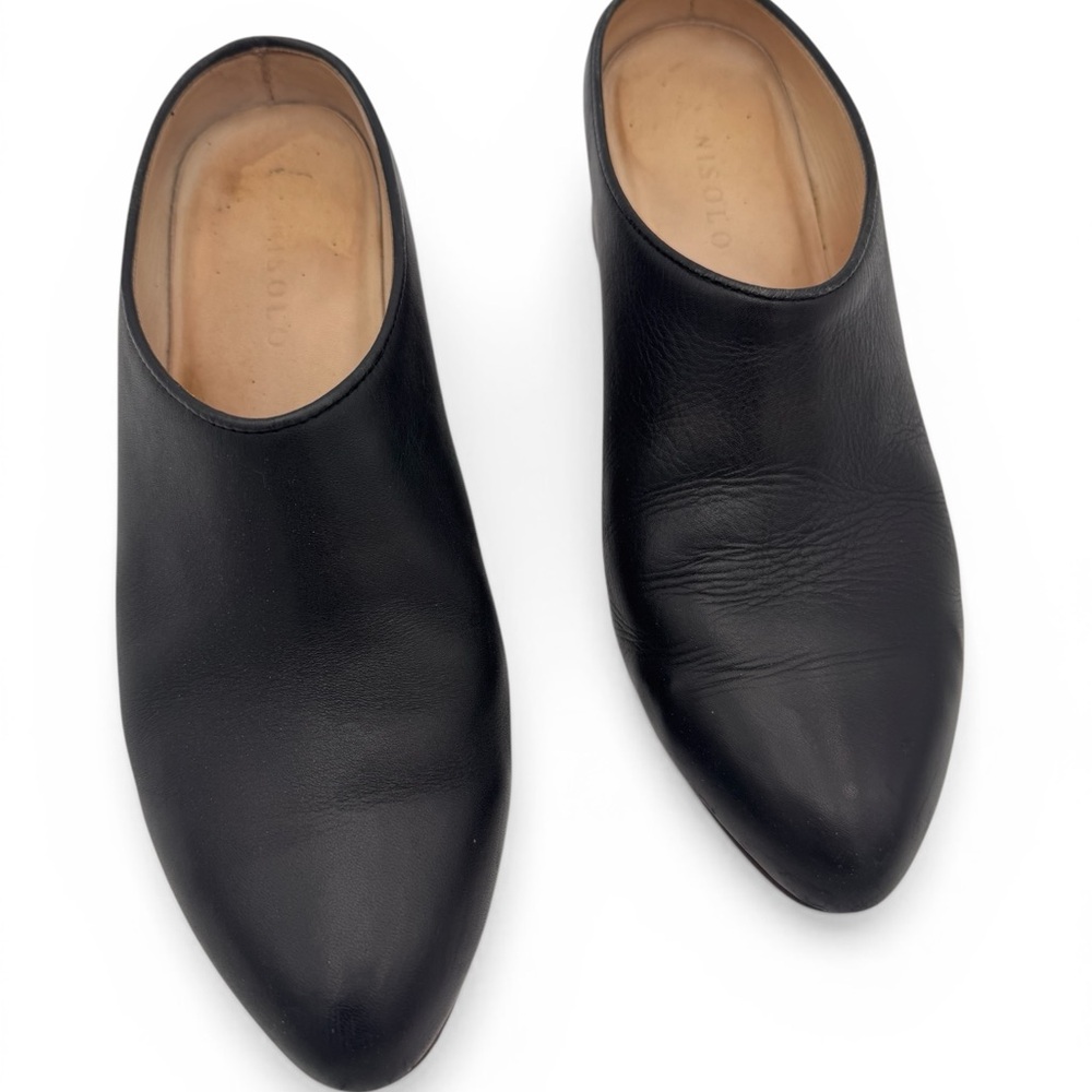NISOLO Sofia Slip-On Mule Size 6.5 Black Leather, Brown Wooden Heel - Picture 2 of 7